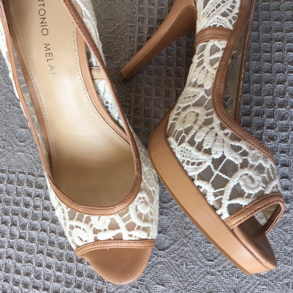 Antonio Melanie Tan & Ivory Lace Slip On Heels - Picture 4 of 8